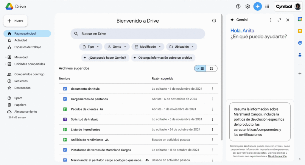 Drive sumó Gemini en español.