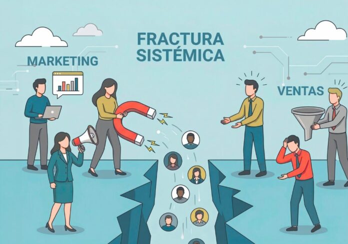 Representación visual de la crisis de alineación comercial B2B, donde la falta de coordinación provoca que los leads calificados se pierdan en la brecha operativa entre marketing y ventas.