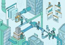 El lado invisible del pipeline: Fricciones del marketing en el sector tech Ilustración isométrica de un pipeline o tuberías de marketing tecnológico B2B con un candado que bloquea el contenido, analistas revisando métricas en pantallas y un mapa de América Latina, representando los errores estratégicos en la generación de demanda.