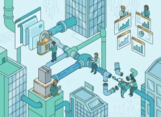El lado invisible del pipeline: Fricciones del marketing en el sector tech Ilustración isométrica de un pipeline o tuberías de marketing tecnológico B2B con un candado que bloquea el contenido, analistas revisando métricas en pantallas y un mapa de América Latina, representando los errores estratégicos en la generación de demanda.
